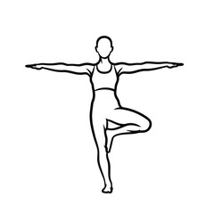 A black and white line art illustration of a woman in a yoga tree pose with arms outstretched.