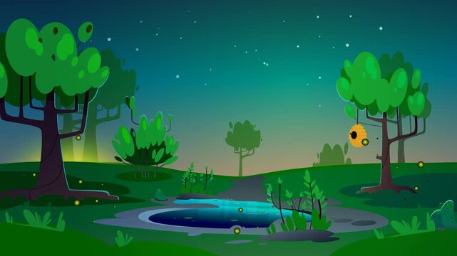 Sunshine morning. forest day to night cartoon 2d background. Transforms into 