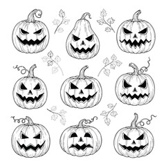 Nine spooky hand-drawn pumpkins with vines for Halloween.