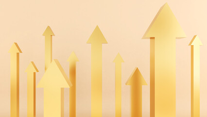 Gold arrow up forward on gold background. Working together to move forward. Forward goal and mutual goal setting. ,3d rendering