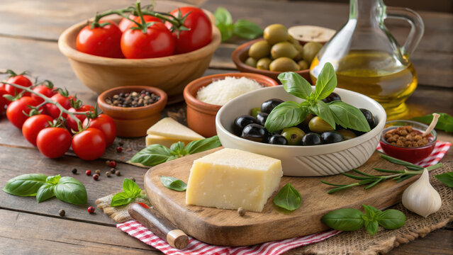 Fresh tomato basil olive cheese garlic olive oil pepper salt wooden table rustic style create cozy italian food background with ingredients, inviting and warm for cooking and recipe ideas