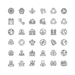 A collection of 35 diverse line art icons representing environmental concepts, recycling, nature, and buildings.