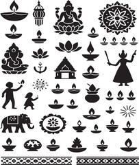 Extensive collection of Indian cultural icons and festive motifs in black silhouette culture symbol