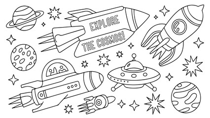 Cosmic Coloring Page: Rockets, Planets, and UFOs - Explore the Cosmos!