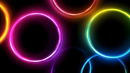 Abstract design featuring overlapping, vibrant neon circles against a dark background.
