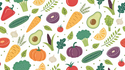 Fresh vegetable pattern, seamless healthy food background with carrot avocado cucumber broccoli pumpkin tomato lemon pepper leafy herb shapes in playful flat style