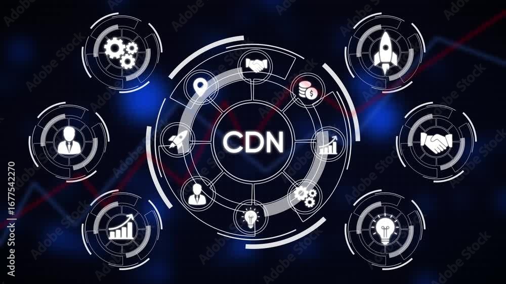 Poster futuristic circular interface with cdn text at its core and various technology and business icons