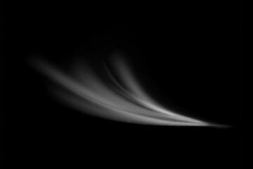 White wind lines element. Abstract light lines of movement and speed. Air stream flow wavy motion trace on dark background. Vector illustration.