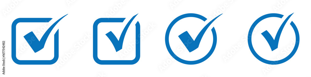 Poster blue checkmark icon set. check box icon with correct, accept checkmark icons blue tick. blue tick ma