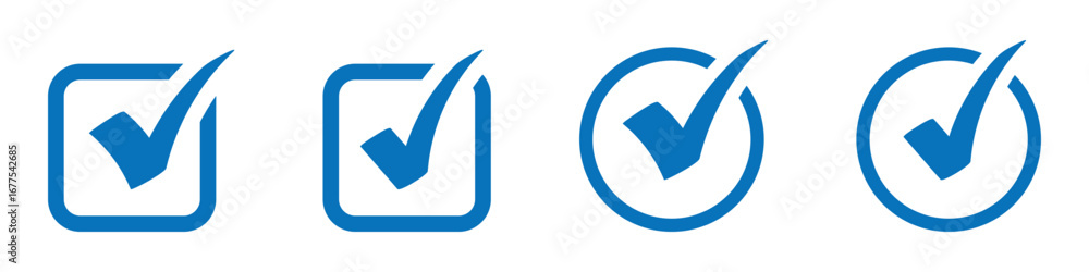 Poster blue checkmark icon set. check box icon with correct, accept checkmark icons blue tick. blue tick ma