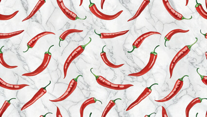 Seamless chili pepper pattern red spice illustration marble background watercolor style hot culinary motif vibrant food design playful repeat kitchen decor rustic texture fresh stem accents