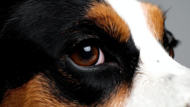 Close-up view of a dog's eye, showcasing intricate details of fur and color patterns.