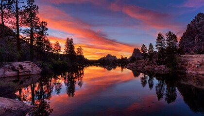 serene sunset reflection a captivating landscape of a calm river reflecting the vibrant hues of a dramatic sunset framed by towering rock formations and silhouetted trees