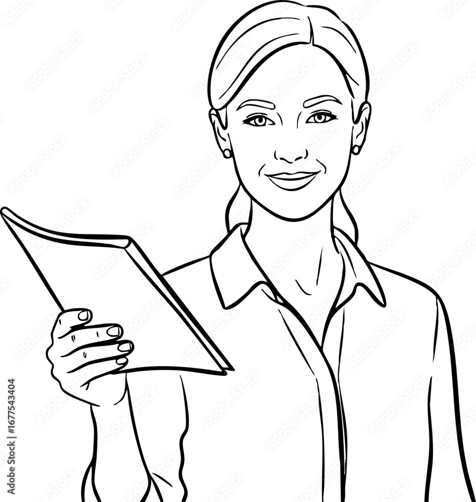Poster smiling woman holding document with confident expression in simple line art vector style