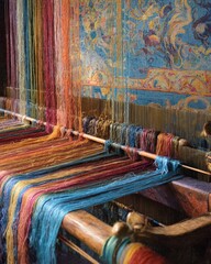 Vibrant PreRaphaelite painting showcases weavers intricate tapestry