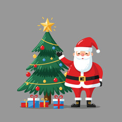 Fototapeta premium Santa Claus decorating Christmas tree with star and colorful presents festive holiday celebration illustration vector 