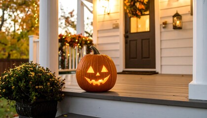 Obraz premium Halloween jack-o'-lantern on a porch