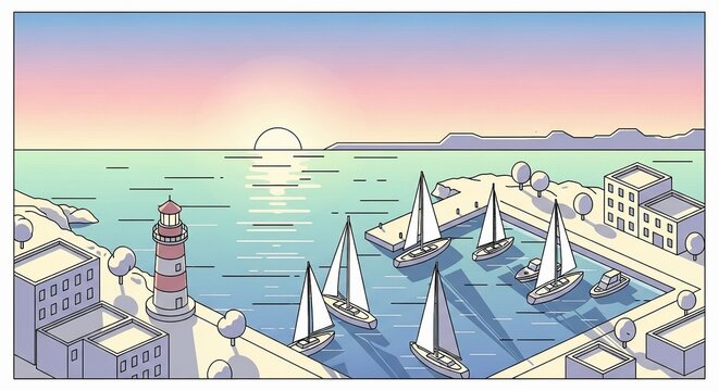 Sailboats dock in a serene harbor with a lighthouse and buildings, under a pastel sky.