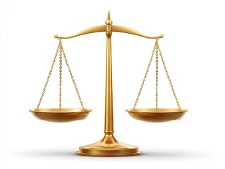 A meticulously detailed depiction of golden scales of justice, precisely balanced against a plain white background.