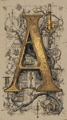 Intricate medievalinspired ink drawing with symbolfilled letter A