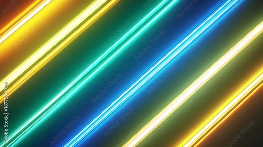 Poster diagonal neon light tubes create a vibrant and dynamic abstract pattern.