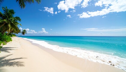 A serene tropical beach scene unfolds with vibrant turquoise water meeting a pristine white sand shore, shaded by lush palm trees under a bright sunny sky.