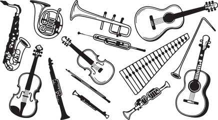 Collection of Black and White Musical Instruments and Woodwind Brass String Instruments saxophone
