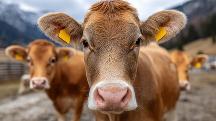 Cow farm, Cow with yellow ear tag, sharp focus, isolated on white background.