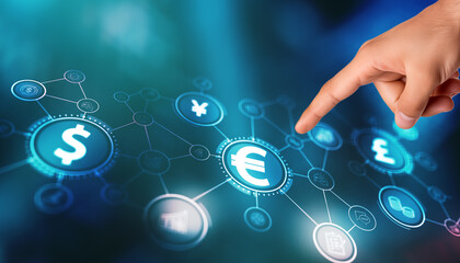 Euro icon on virtual screen. Online banking currencies exchange financial concept