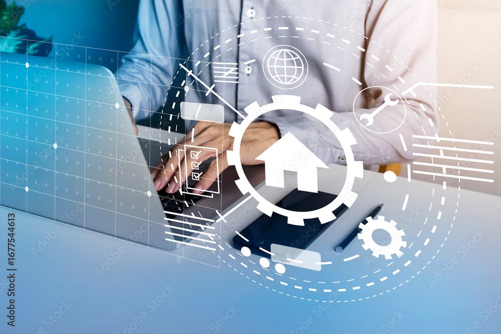 Aufkleber smart home system, home management, security, system monitoring and alerting by technology, mobile o