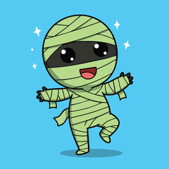 Obraz premium Cute dancing mummy character wrapped in green bandages with happy expression on blue background vector illustration 