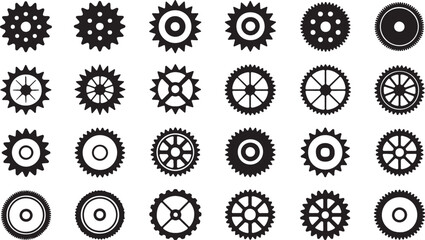 Collection of Black Silhouette Gears and Cogs in Various Designs and Sizes on a White Background