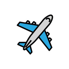 A simple cartoon passenger airplane icon with blue wings a grey fuselage and a bold black outline.