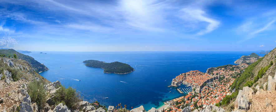 Panoramic view  of Dubrovnik old city and Dalmatian Coast in Croatia: in the center Lokrum Island.