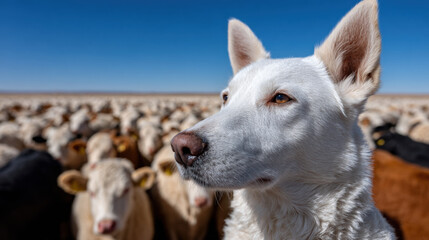 Obraz premium Cow farm, Farm dog observing cows in a field from a distance.