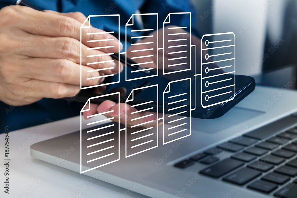 Poster business concept of extracting work data from data center via mobile phone or laptop, big data stora