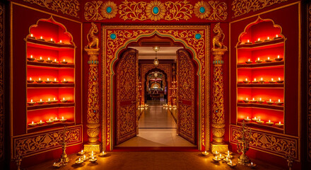 Obraz premium Ornate indian doorway with intricate carvings and warm lighting isolated on white background isolated on transparent background silhouette