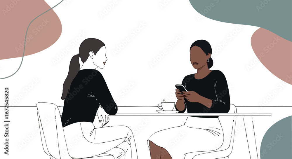 Poster two women sitting at table talking and using smartphone with abstract shapes in background vector il