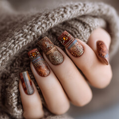Medium length square nails with warm burnt orange base featuring intricate bronze geometric patterns and tiny amber crystal embellishments placed strategically. Subtle plaid design in bronze tones. 