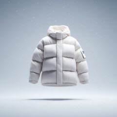 Floating padded winter jacket, voluminous and puffy look, bright snow-covered white background, minimal and static atmosphere, luxury fashion advertising style, soft studio lighting highlighting 