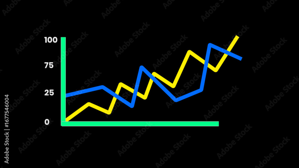 Poster two colorful line graphs showing upward trends on a black background chart data
