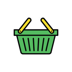 Green shopping basket icon with yellow handles simple flat design outlined in black.