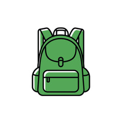 Green Backpack with Pockets and Straps Simple Flat Design.