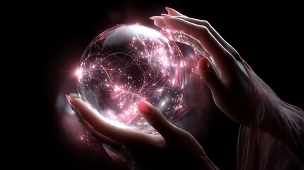 Hands hold glowing sphere in the dark. Concept for technology, future, energy, magic. Use for web design, marketing, editorial.