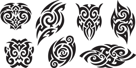 Set of Various Tribal Tattoo Designs in Black and White, Showcasing Ornamental and Symbolic Art