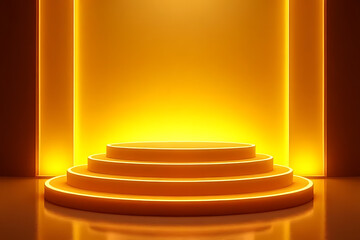 A brightly lit circular stage with glowing orange light emanating from behind creating a warm and inviting atmosphere for a presentation or award ceremony
