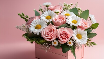 Obraz premium a beautiful arrangement of pink roses and white daisies in a stylish gift box ideal for special occasions