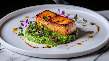 Gourmet turbot filet with beautifully seared golden crust on a bed of fresh herb purГ©e, accompanied by edible purple flowers and microgreens