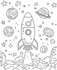 Black and white line art coloring page of a rocket launching into space, surrounded by planets, stars, clouds, and cosmic details. Fun and playful cartoon style illustration