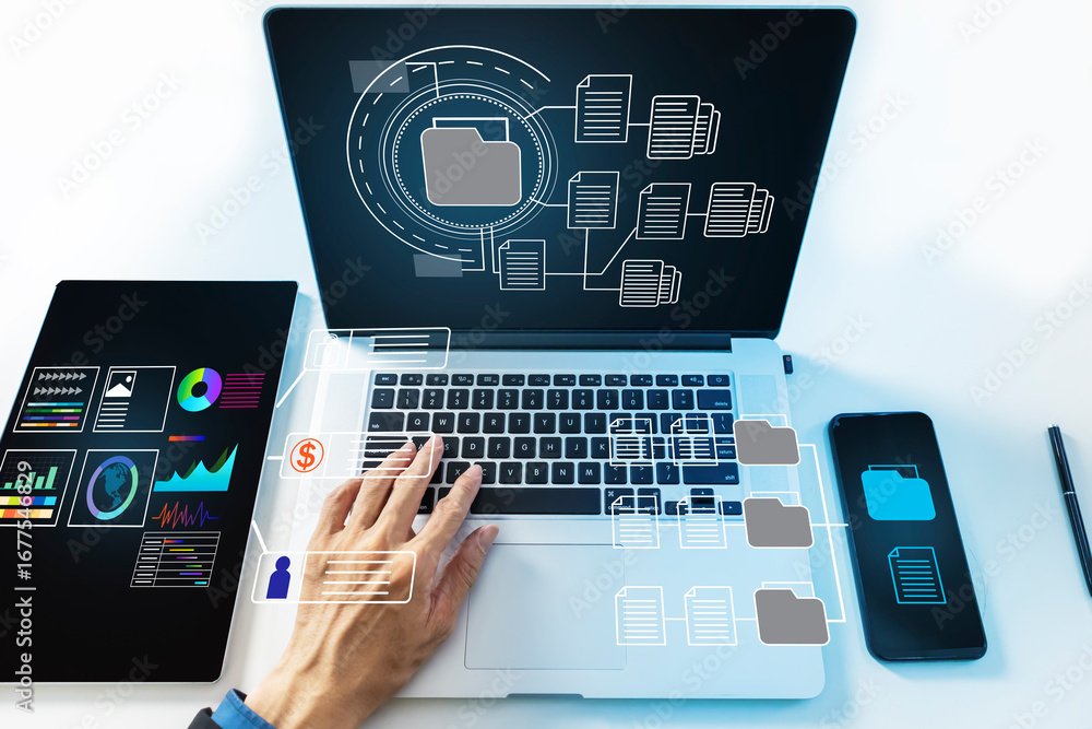 Poster concept of database management and business information through digital system, statistical examinat
